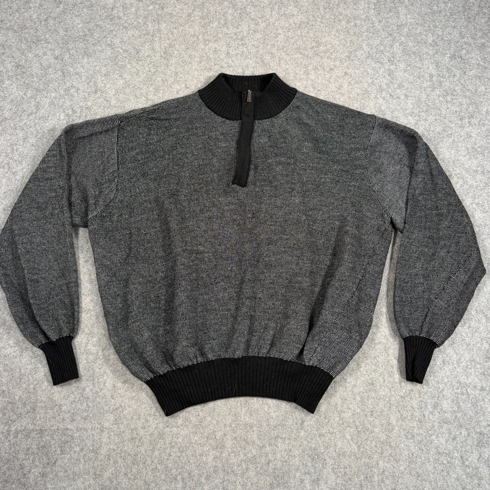 Peter Millar Black White Merino Wool Quarter Zip Knit Sweater Men's Size Large